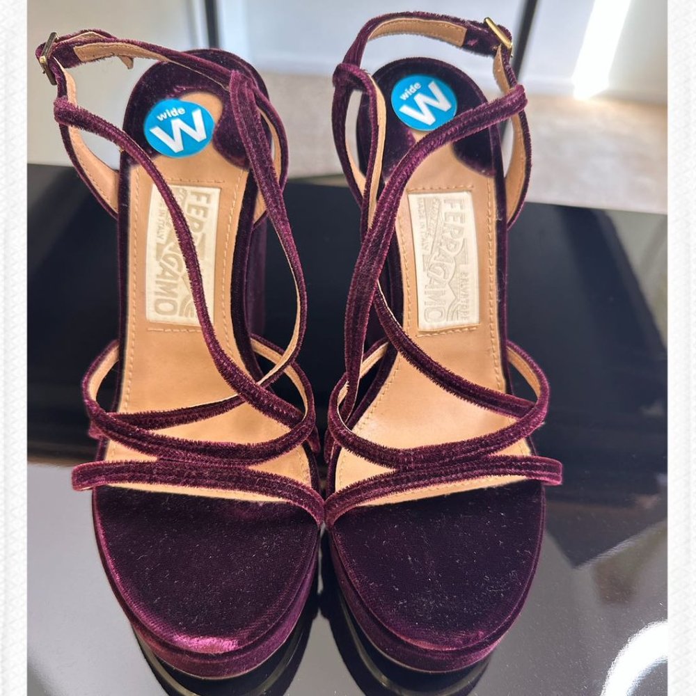 Salvatore Ferragamo Burgundy/Plum  Embroidery Velvet Sandals